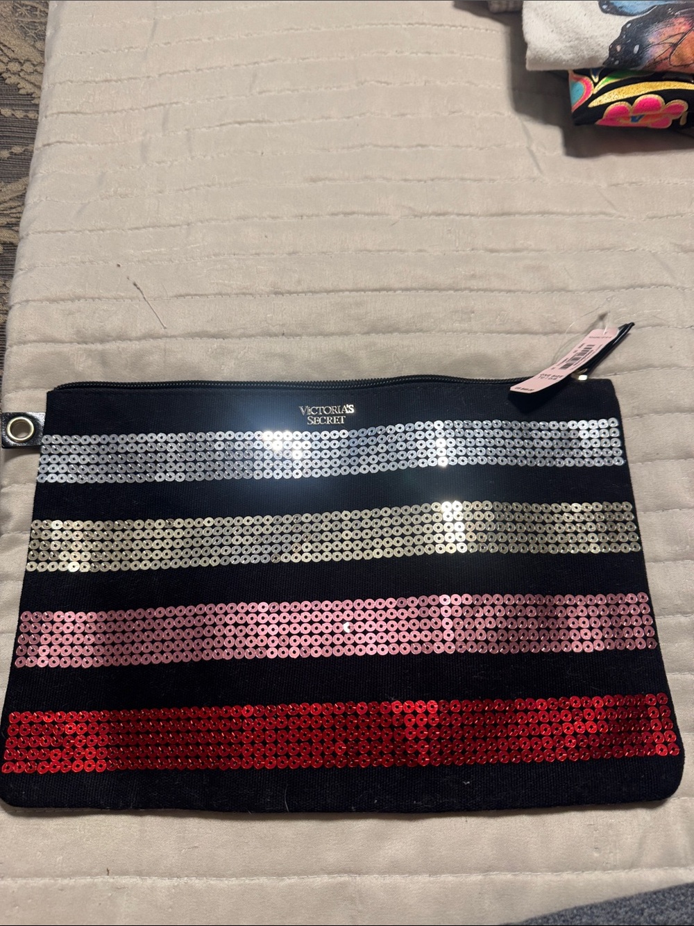 Victoria's Secret Black Wristlet with Silver, Gold, Pink & Red Sequin Stripes